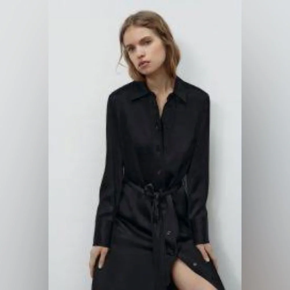ZARA Satin Effect Black Shirt‎ Midi Dress size XS